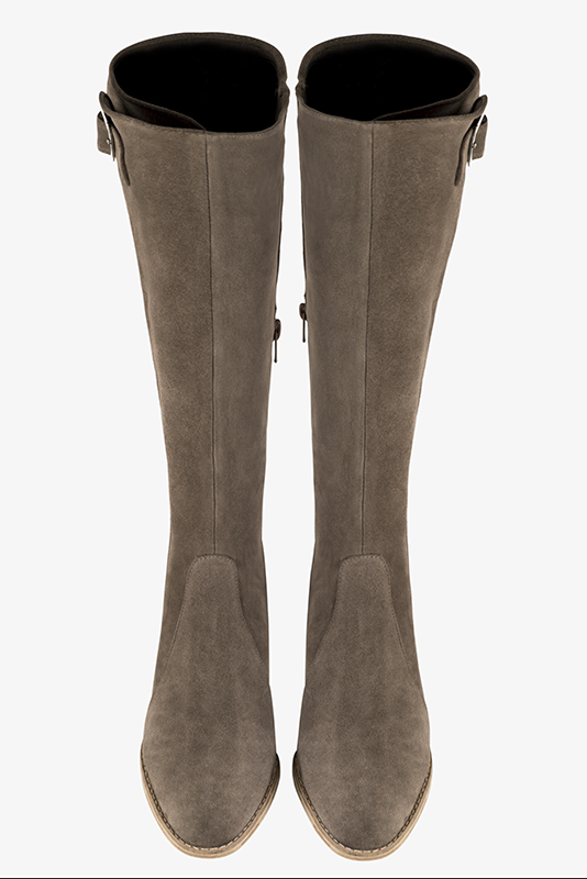 Taupe brown women's knee-high boots with buckles. Round toe. Low leather soles. Made to measure. Top view - Florence KOOIJMAN